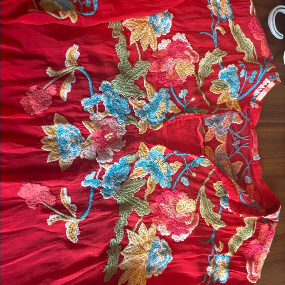 Johnny Was Vibrant Red Top with Colorful Embroidery